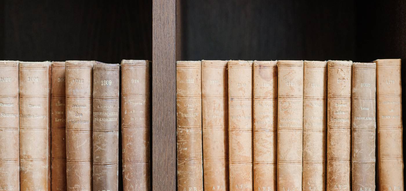 Row of old books in the Library at the B2 Hotel in Zurich