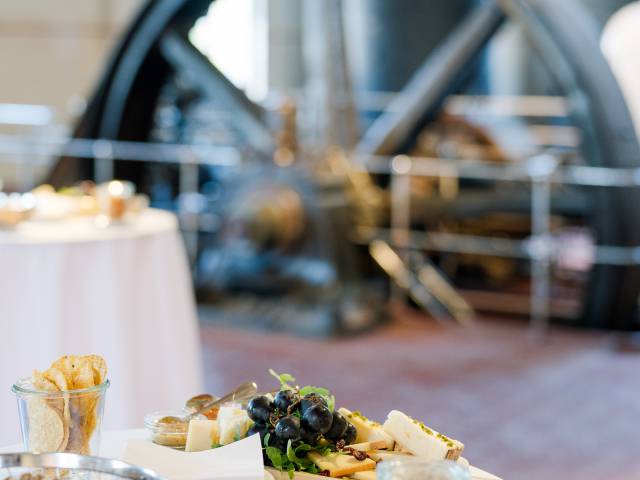 Hors d'ouvres on a table in the machine room at the B2 Hotel in Zurich