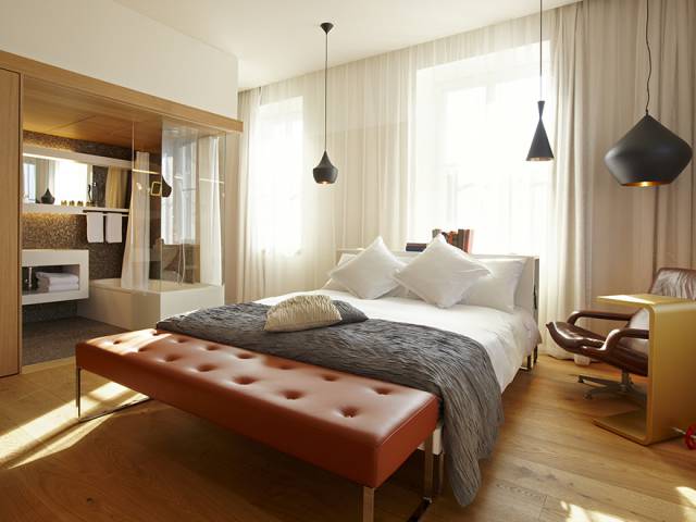 Double bed in a room at the B2 Hotel Zurich