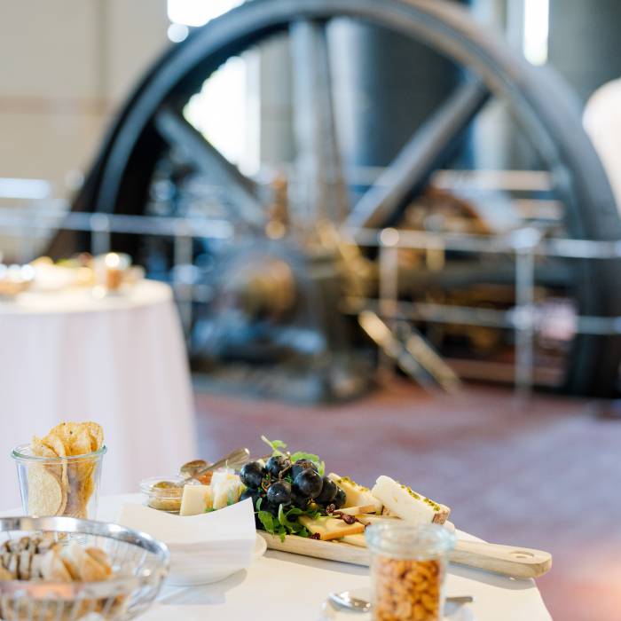 Hors d'ouvres on a table in the machine room at the B2 Hotel in Zurich